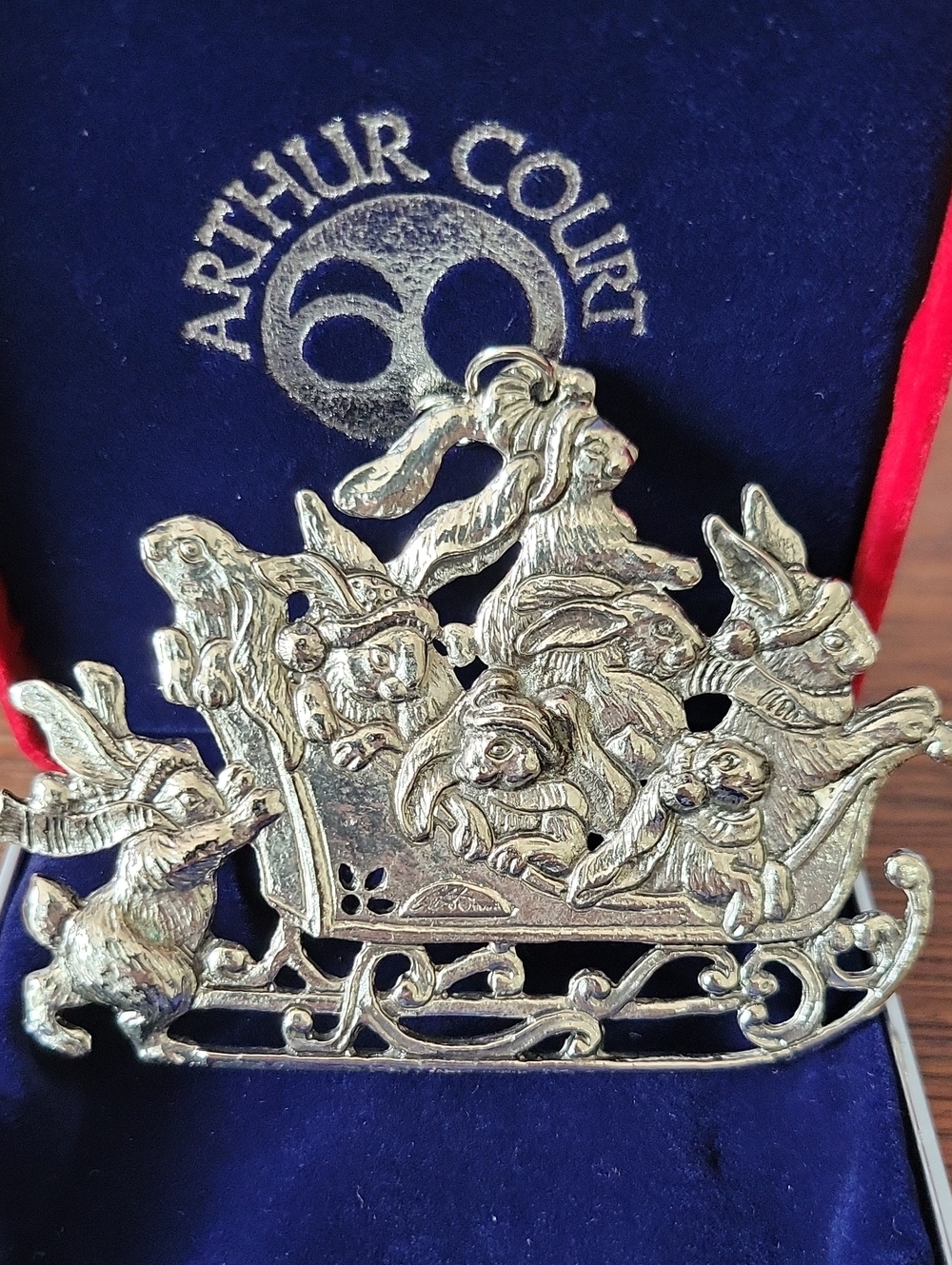 Vintage 1990's ARTHUR COURT Silver-Tone Cast Aluminum Bunny Sleigh Ornament